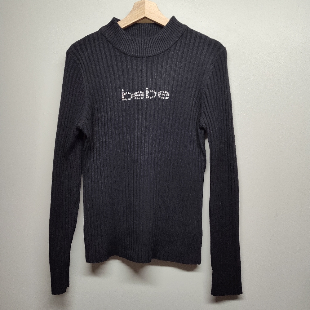 Bebe Knit Sweater Women Size L Black Ribbed Mock Neck Beaded Logo Retro Y2K 90s